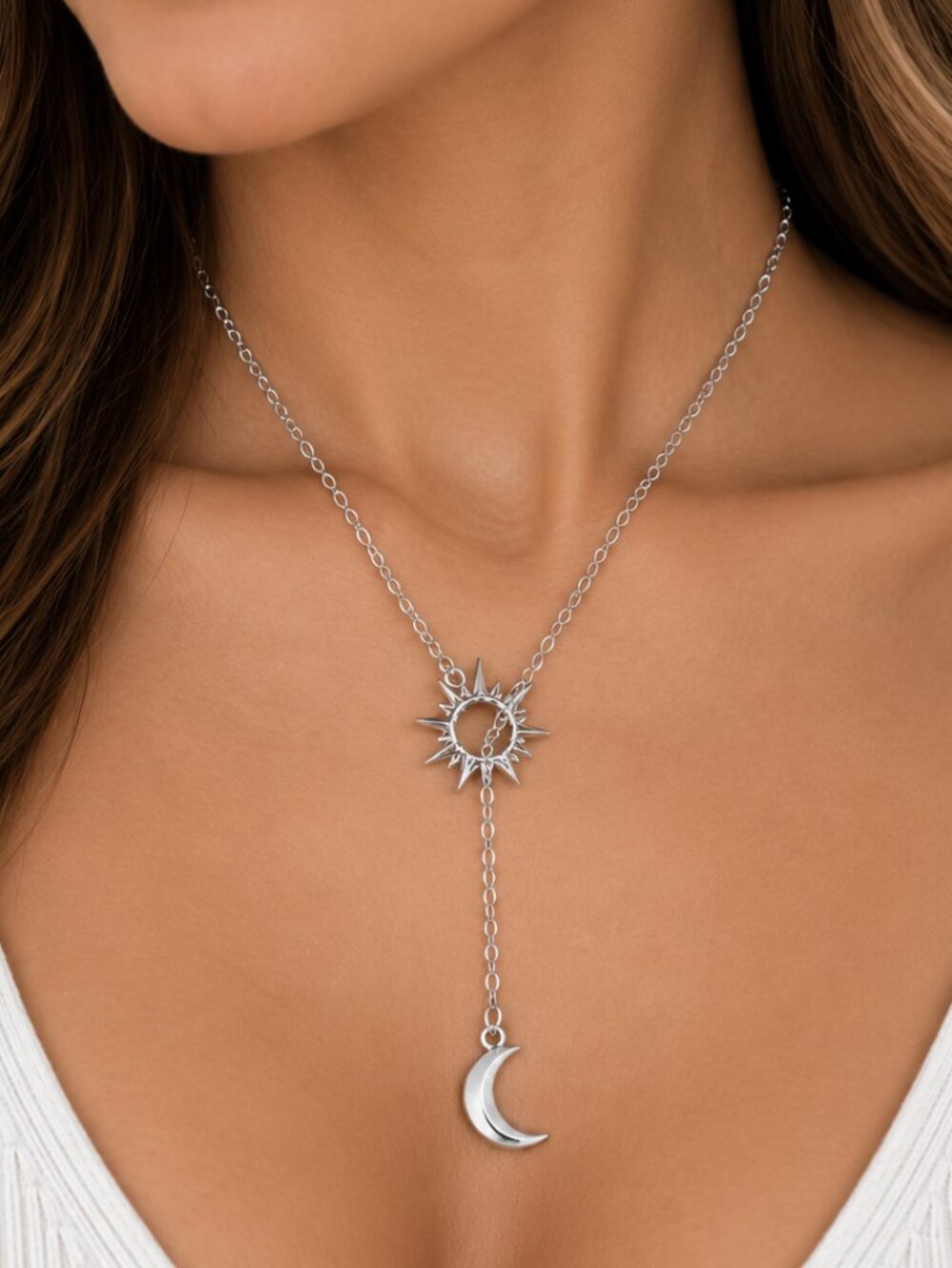 Silver Sun Moon Lariat Necklace Celestial Y Drop Stainless Steel Minimalist 18"